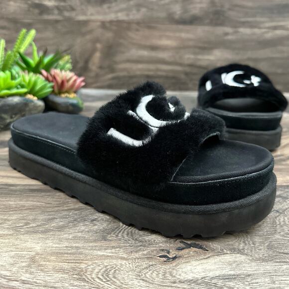 UGG Laton Fur Platform Slide Sandals Black Sheepskin 8 39 - Picture 5 of 12